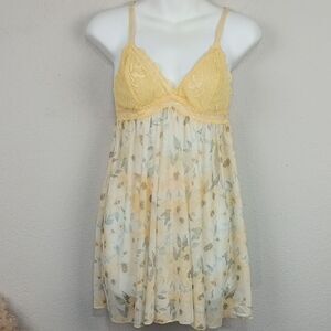 Women's Butter Yellow Lace Floral Babydoll Lingerie Set sz XL